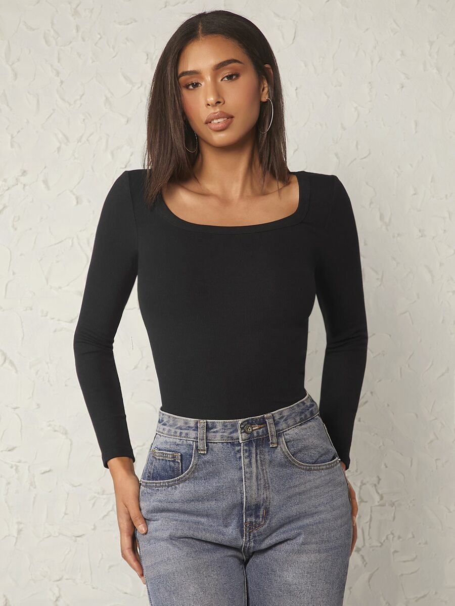 SHEIN BASICS Scoop Neck Solid Ribbed Long Sleeve Tee - Black - View 1