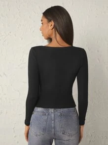 SHEIN BASICS Scoop Neck Solid Ribbed Long Sleeve Tee - Black - View 2