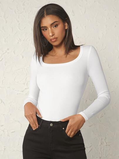 SHEIN BASICS Standard Size Knitted Ribbed Crew Neck Long Sleeve Solid Color T-Shirt, Spring/Autumn