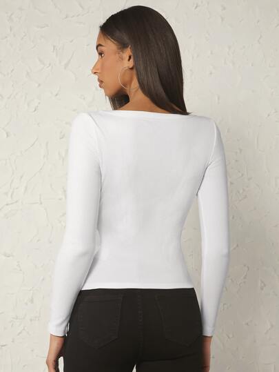 SHEIN BASICS Scoop Neck Long Sleeve Solid Tee For Summer