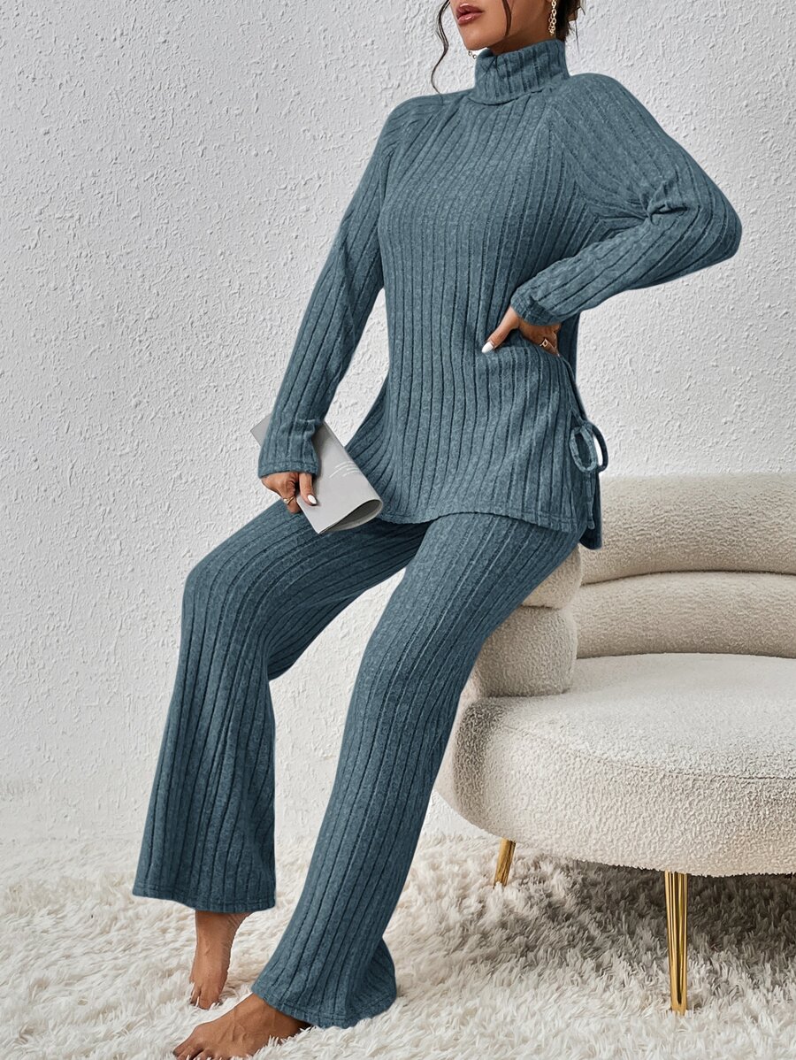 SHEIN Essnce 高領下擺開叉T恤和褲子 - 藍色 - 查看 1