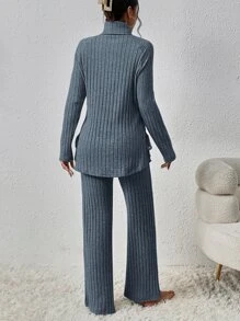 SHEIN Essnce 高領下擺開叉T恤和褲子 - 藍色 - 查看 2