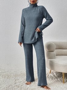 SHEIN Essnce 高領下擺開叉T恤和褲子 - 藍色 - 查看 3