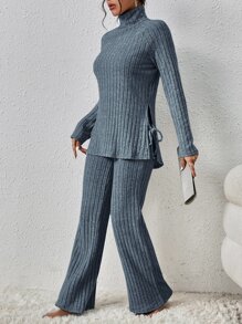 SHEIN Essnce 高領下擺開叉T恤和褲子 - 藍色 - 查看 4