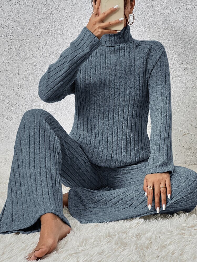 SHEIN Essnce 高領下擺開叉T恤和褲子 - 藍色 - 查看 5