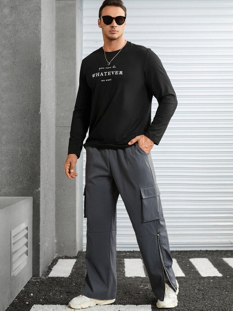 Manfinity Men Plus Flap Pocket Side Zip Hem Cargo Pants - Grey - View 7