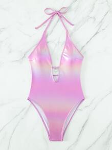 Metallic Plunging Neck Halter One Piece Swimsuit, For Summer Beach Vacation - Pink - View 4