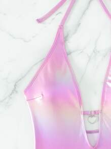 Metallic Plunging Neck Halter One Piece Swimsuit, For Summer Beach Vacation - Pink - View 5