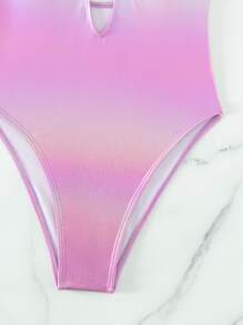 Metallic Plunging Neck Halter One Piece Swimsuit, For Summer Beach Vacation - Pink - View 6