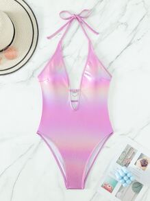 Metallic Plunging Neck Halter One Piece Swimsuit, For Summer Beach Vacation - Pink - View 7