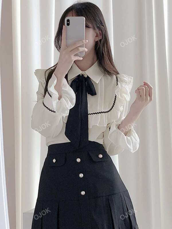 Contrast Trim Ruffle Shirt With Bow Tie