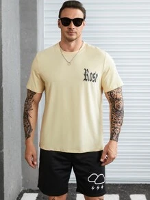 Manfinity 男士花卉和字母圖案T恤 - 杏色 - 查看 3