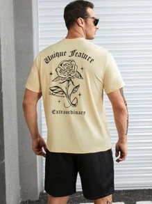 Manfinity 男士花卉和字母圖案T恤 - 杏色 - 查看 2