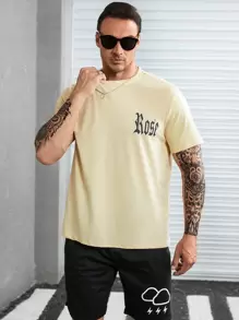 Manfinity 男士花卉和字母圖案T恤 - 杏色 - 查看 1