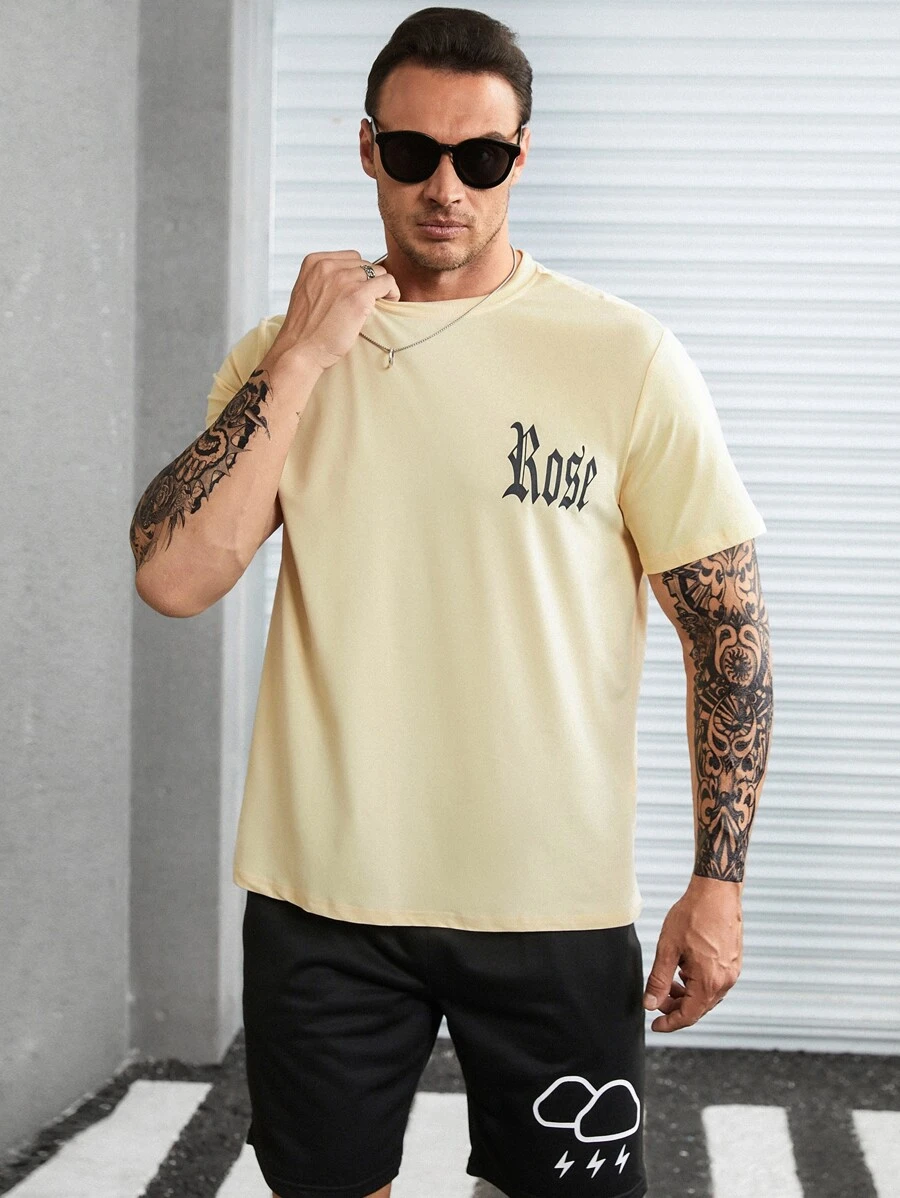 Manfinity 男士花卉和字母圖案T恤 - 杏色 - 查看 1