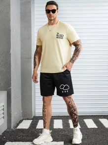 Manfinity 男士花卉和字母圖案T恤 - 杏色 - 查看 5