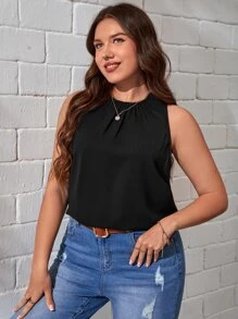 SHEIN Essnce 大碼素色無袖襯衫 - 黑色 - 查看 1