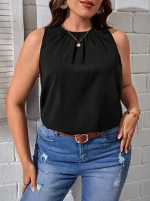 SHEIN Essnce 大碼素色無袖襯衫 - 黑色 - 查看 3