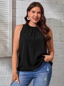 SHEIN Essnce 大碼素色無袖襯衫 - 黑色 - 查看 4
