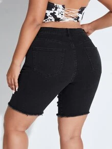 SHEIN Essnce 大碼破洞毛邊牛仔短褲 - 黑色 - 查看 2