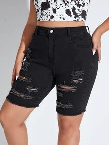 SHEIN Essnce 大碼破洞毛邊牛仔短褲 - 黑色 - 查看 4