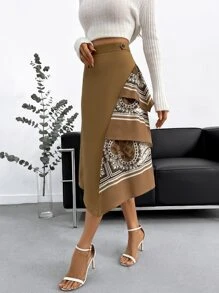 SHEIN Privé Scarf Print Button Detail Asymmetrical Hem Skirt - Brown - View 1