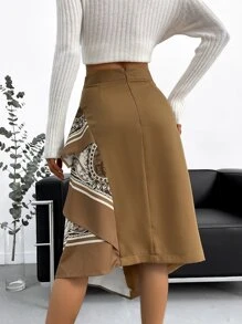 SHEIN Privé Scarf Print Button Detail Asymmetrical Hem Skirt - Brown - View 2