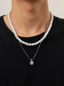2pcs/Set Men Faux Pearl Decor Necklace - Multicolor - View 3