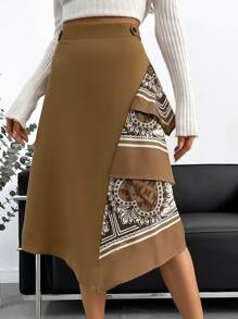 SHEIN Privé Scarf Print Button Detail Asymmetrical Hem Skirt - Brown - View 3