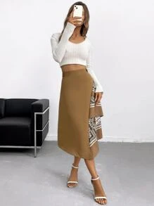 SHEIN Privé Scarf Print Button Detail Asymmetrical Hem Skirt - Brown - View 6