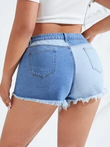 SHEIN Plus Two Tone Ripped Raw Cut Denim Shorts - Light Wash - View 2