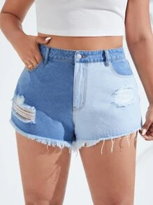 SHEIN Plus Two Tone Ripped Raw Cut Denim Shorts - Light Wash - View 3