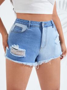 SHEIN Plus Two Tone Ripped Raw Cut Denim Shorts - Light Wash - View 4