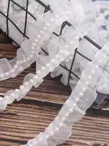 1roll 72 Inch Polyester DIY Lace Webbing, Faux Pearl Decor Ruffle Trim Webbing Lace For Sewing - White - View 1