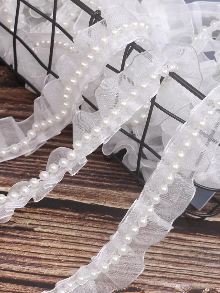 1roll 72 Inch Polyester DIY Lace Webbing, Faux Pearl Decor Ruffle Trim Webbing Lace For Sewing - White - View 1