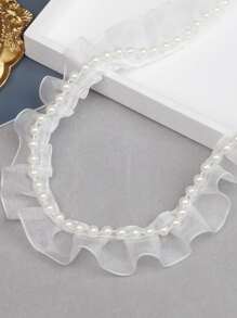 1roll 72 Inch Polyester DIY Lace Webbing, Faux Pearl Decor Ruffle Trim Webbing Lace For Sewing - White - View 3