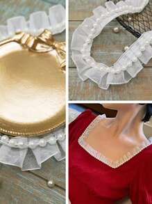 1roll 72 Inch Polyester DIY Lace Webbing, Faux Pearl Decor Ruffle Trim Webbing Lace For Sewing - White - View 6