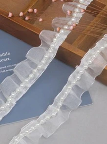 1roll 72 Inch Polyester DIY Lace Webbing, Faux Pearl Decor Ruffle Trim Webbing Lace For Sewing - White - View 7