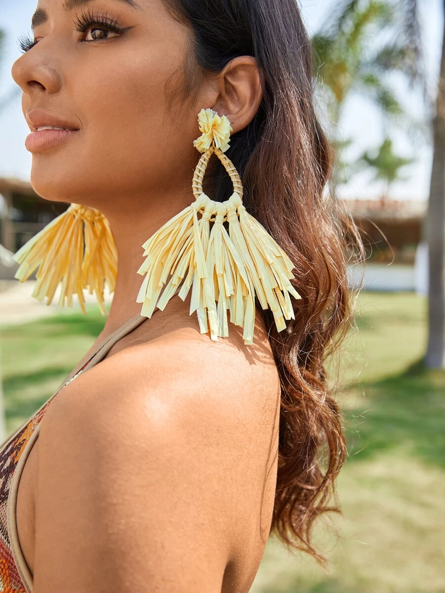 SHEIN VCAY 花和流蘇耳墜 - 黃色 - 查看 1