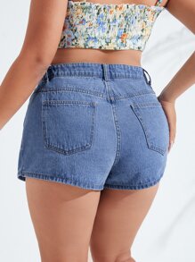 SHEIN Essnce 大碼斜口袋不對稱下擺牛仔裙褲 - 中等水洗藍 - 查看 2