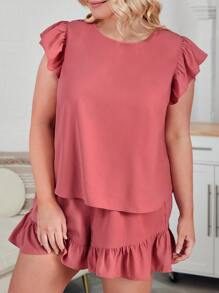 SHEIN LUNE Plus Ruffle Trim Top & Shorts - Pink - View 7