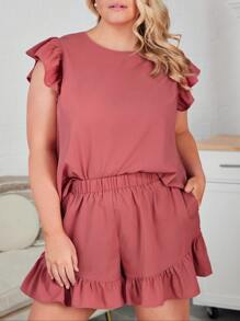 SHEIN LUNE Plus Ruffle Trim Top & Shorts - Pink - View 5