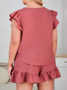 SHEIN LUNE Plus Ruffle Trim Top & Shorts - Pink - View 6
