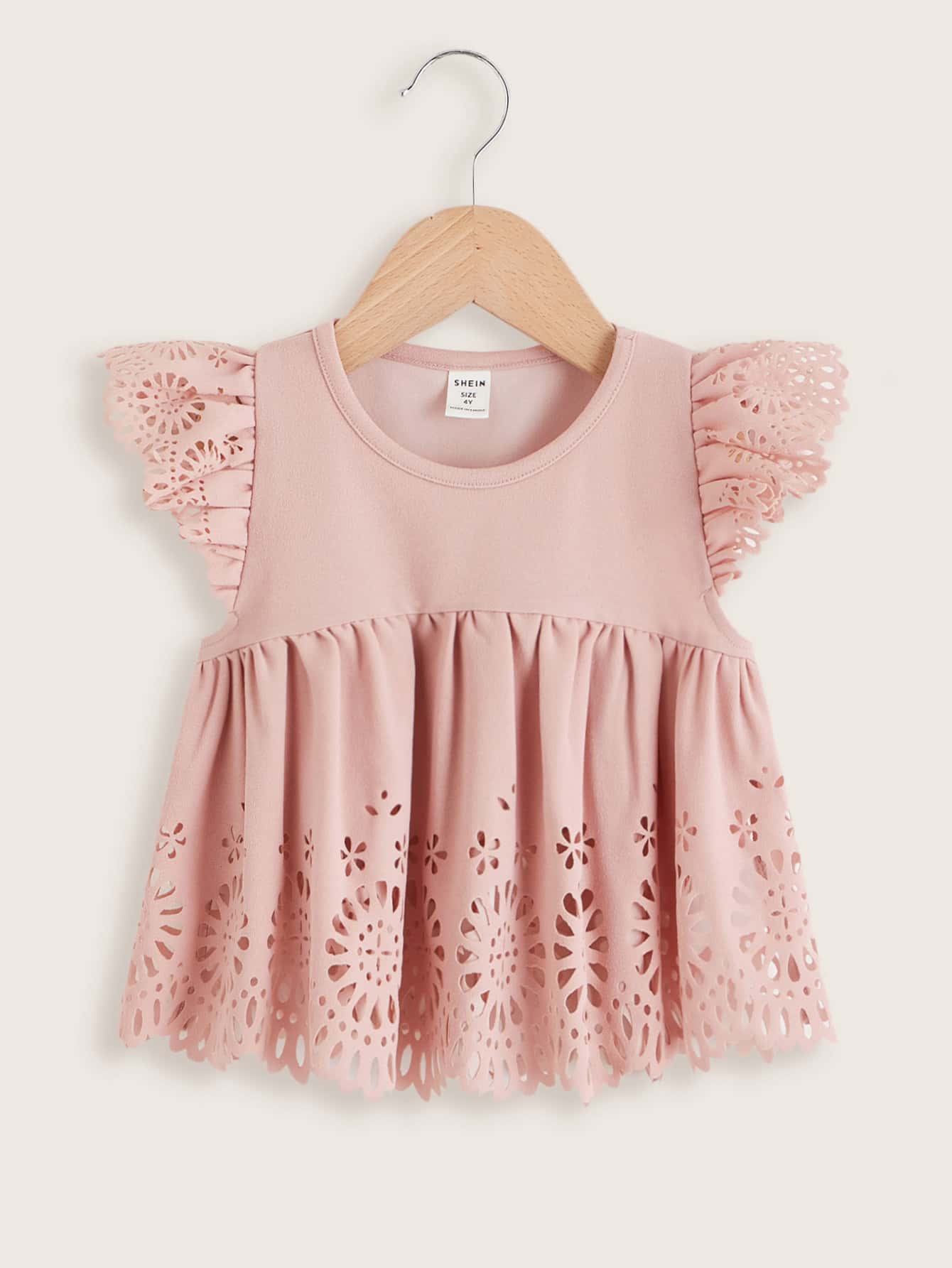 SHEIN Toddler Girls Laser Cut Out Ruffle Trim Peplum Blouse - Coral Pink - View 1