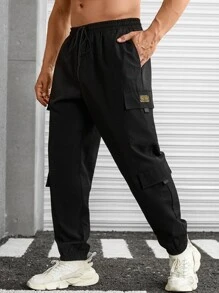 Manfinity Men Letter Patched Detail Flap Pocket Side Drawstring Waist Cargo Trousers - Black - View 1