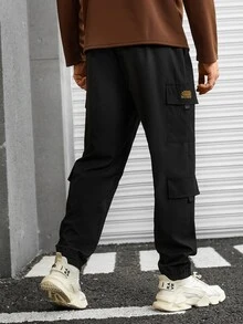 Manfinity Men Letter Patched Detail Flap Pocket Side Drawstring Waist Cargo Trousers - Black - View 2