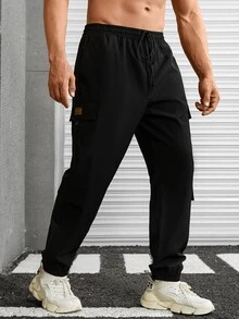 Manfinity Men Letter Patched Detail Flap Pocket Side Drawstring Waist Cargo Trousers - Black - View 4