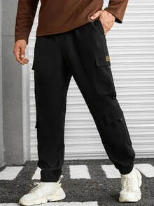 Manfinity Men Letter Patched Detail Flap Pocket Side Drawstring Waist Cargo Trousers - Black - View 5