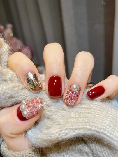 Upgrade Your Look With 24pcs Short Square Red Pearl Rhinestone Plaid Fake Nail & 1sheet Tape & 1pc Nail File Press On Nails Nail Supplies