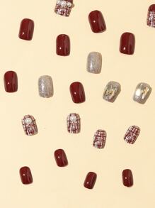 24入組短款方形紅珍珠鑽布紋假指甲，附1片膠帶和1支指甲鉋，貼式假指甲美甲工具套裝，提升您的外觀造型 - 彩色 - 查看 3